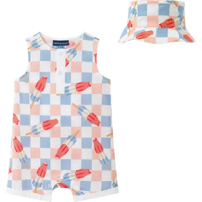 Andy & Evan Print Sleeveless Romper & Bucket Hat Set In White