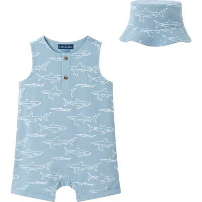 Andy & Evan Print Sleeveless Romper & Bucket Hat Set In Blue