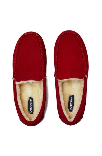 Lands' End Fuzzy Lined Suede Moccasin Slippers In Red