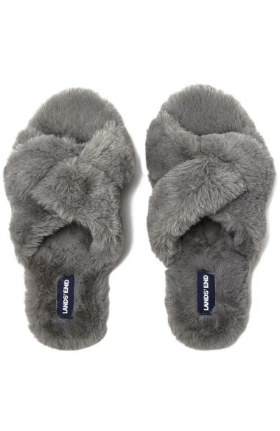 Lands' End Fluffy Slide House Slippers In Dark Gray