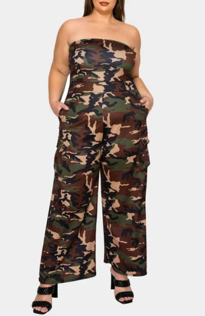 L I V D Freya Cargo Strapless Cargo Jumpsuit In Camo
