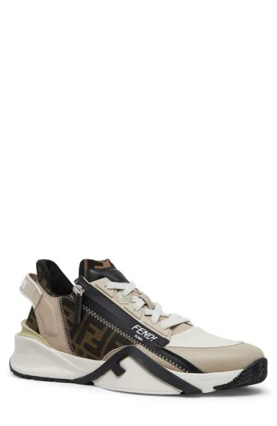 Fendi Beige Leather Sneakers With Ff Motif In Brown