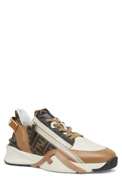 Fendi Beige Leather Sneakers With Ff Motif In Brown
