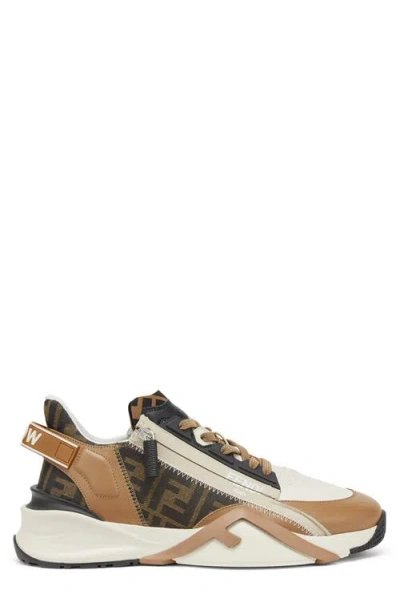 Fendi Beige Leather Sneakers With Ff Motif In Brown