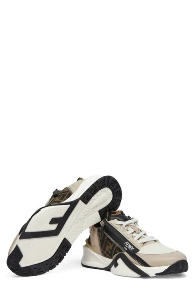 Fendi Beige Leather Sneakers With Ff Motif In Brown