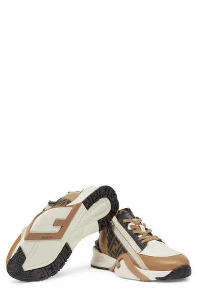 Fendi Beige Leather Sneakers With Ff Motif In Brown