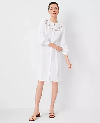 Ann Taylor Petite At Weekend Eyelet Linen Blend Shirtdress In White