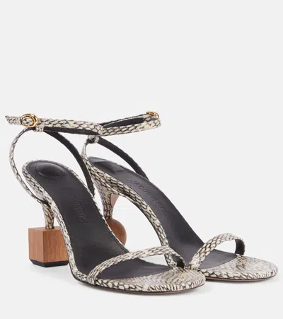Jacquemus The Bisou Geometric Snake-embossed Leather Sandals In Beige