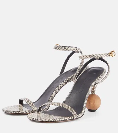 Jacquemus The Bisou Geometric Snake-embossed Leather Sandals In Beige