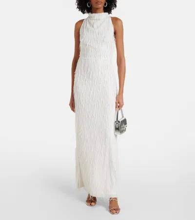 Rotate Birger Christensen White Long Dress With All-over Shimmering Fringes And Teardrop Opening On The Back In White