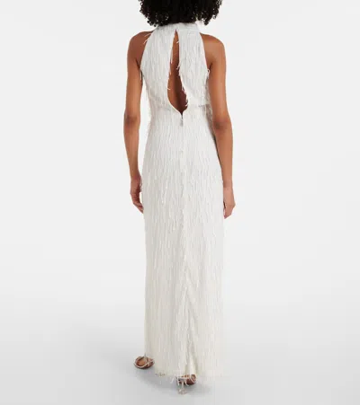 Rotate Birger Christensen White Long Dress With All-over Shimmering Fringes And Teardrop Opening On The Back In White