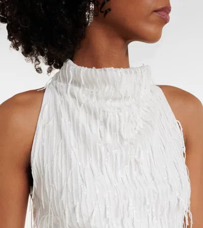 Rotate Birger Christensen White Long Dress With All-over Shimmering Fringes And Teardrop Opening On The Back In White