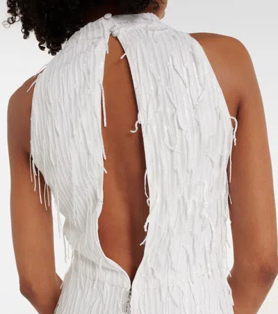Rotate Birger Christensen White Long Dress With All-over Shimmering Fringes And Teardrop Opening On The Back In White