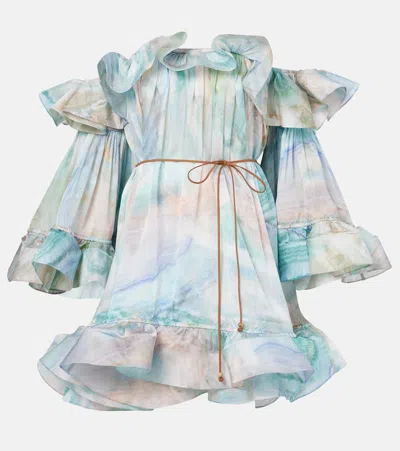 Zimmermann Illuminate Flounce Off-shoulder Mini Dress In Blue Agate