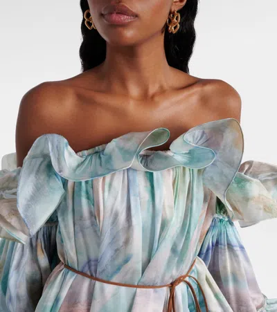 Zimmermann Illuminate Flounce Off-shoulder Mini Dress In Blue Agate