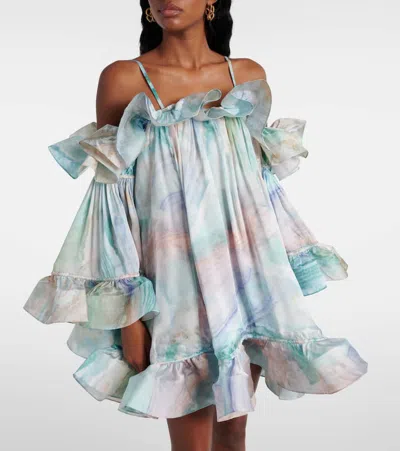 Zimmermann Illuminate Flounce Off-shoulder Mini Dress In Blue Agate