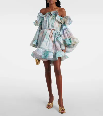 Zimmermann Illuminate Flounce Off-shoulder Mini Dress In Blue Agate