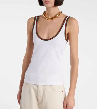Gucci Women White Ribbed Top With Web Detail On The Edges In Cotton Woman