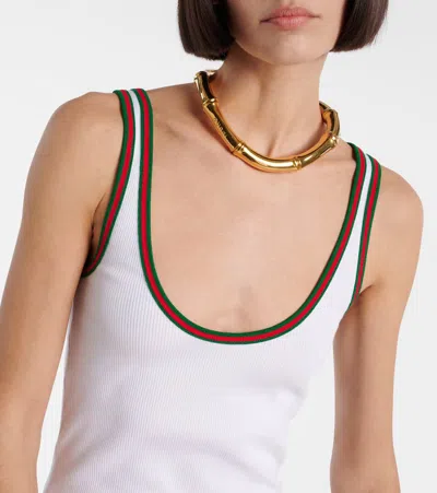 Gucci Women White Ribbed Top With Web Detail On The Edges In Cotton Woman