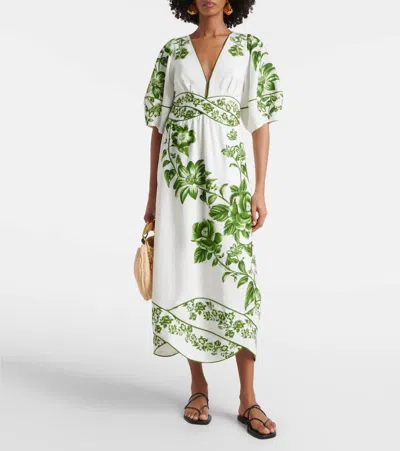 Farm Rio Off-white Green Floral Cascade Lenzing Ecovero Euroflax Midi Dress In Green Floral Cascade Off-white