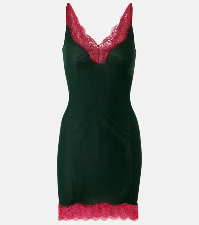 Saint Laurent Lace-trimmed Silk Jersey Slip Dress In Green