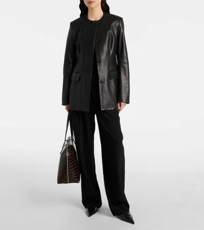 Totême Womens Collar-less Long Leather Jacket Black