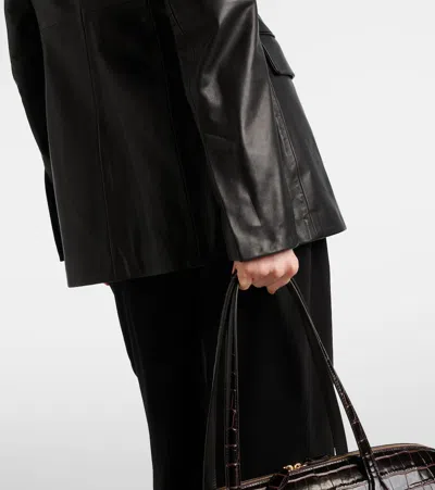 Totême Womens Collar-less Long Leather Jacket Black