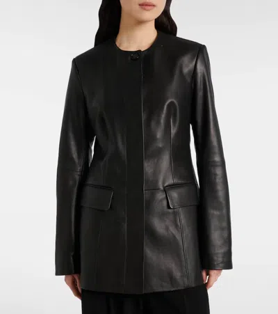 Totême Womens Collar-less Long Leather Jacket Black
