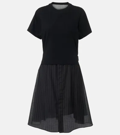 Sacai Womens Black Grey Glen Check-panelled Cotton-jersey Midi Dress In Black