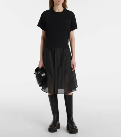 Sacai Womens Black Grey Glen Check-panelled Cotton-jersey Midi Dress In Black