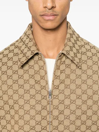Gucci Beige Jacket With Classic Collar And Front Zip Closure In Gg Canvas Man In Multicolor
