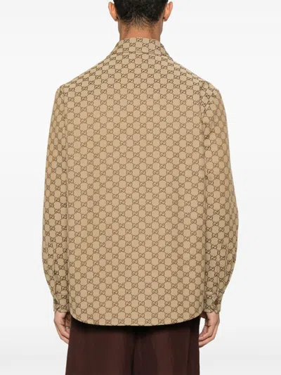 Gucci Beige Jacket With Classic Collar And Front Zip Closure In Gg Canvas Man In Multicolor