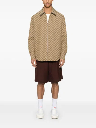 Gucci Beige Jacket With Classic Collar And Front Zip Closure In Gg Canvas Man In Multicolor