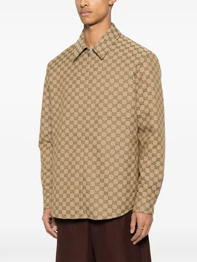 Gucci Beige Jacket With Classic Collar And Front Zip Closure In Gg Canvas Man In Multicolor