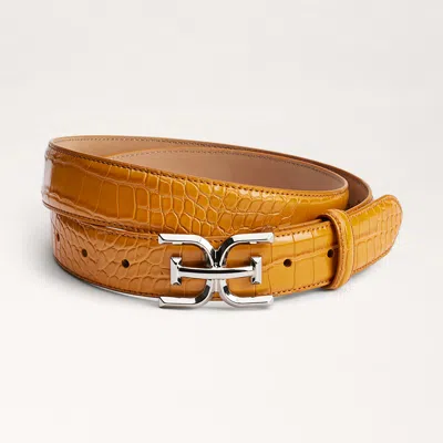 Sam Edelman Women's Skinny Exotic Textured Double-e Plaque Buckle Belt In Orange
