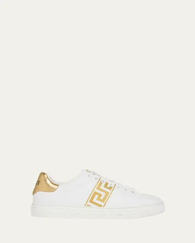 Versace Leather Sneakers With Embroidered La Greca Motif In White