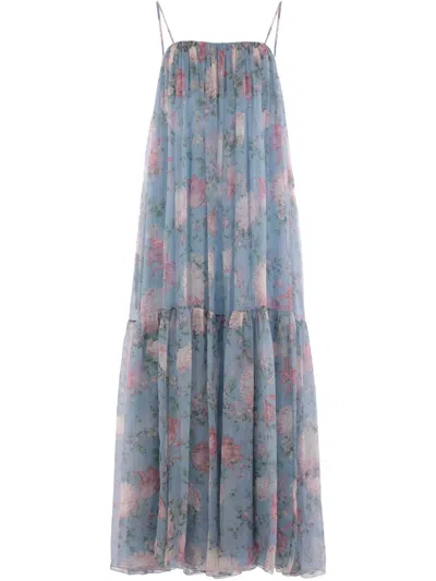 Chloé Chloe Women Long Dress Peonies Print On Organic Silk Mousseline In Blue