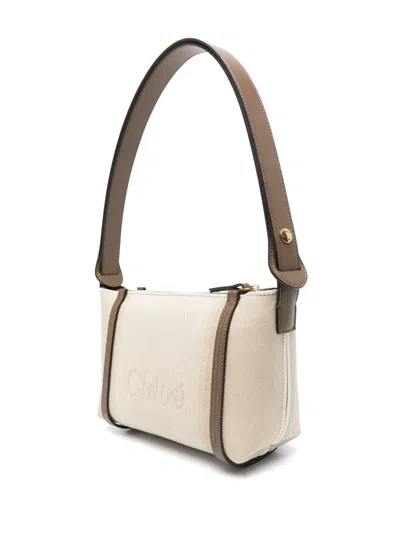 Chloé Logo Embroidered Canvas Shoulder Bag In Nude