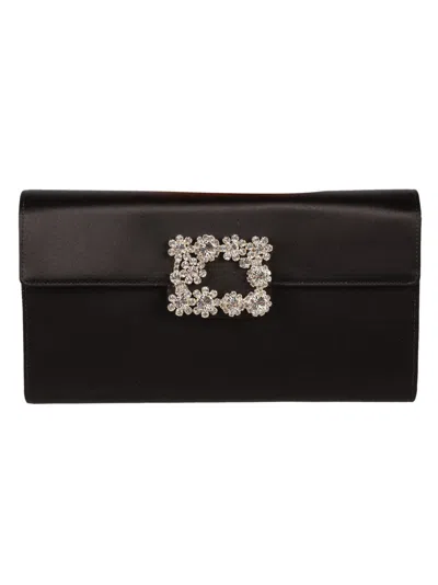 Roger Vivier Satin Efflorescence Envelope Clutch Bag In Black