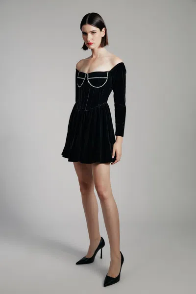 Bardot Emlyn Diamante Long Sleeve Velour Minidress In Black