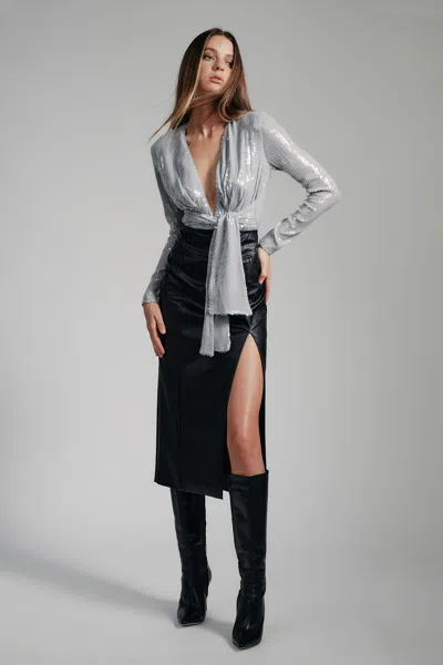 Bardot Emelia Sequin Wrap Long Sleeve Bodysuit In Dove Grey