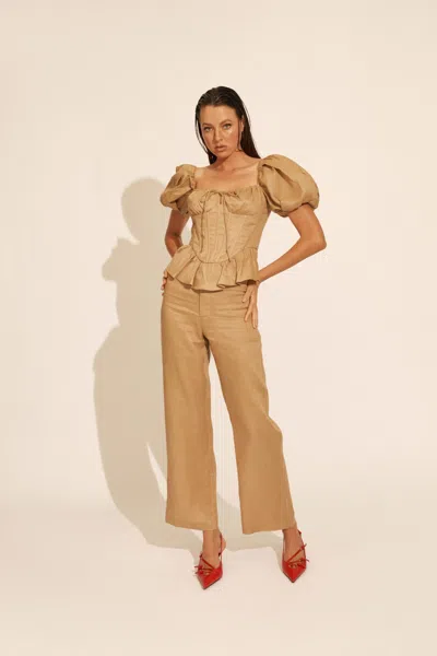 Bardot Esra Puff Sleeve Linen Corset Top In Latte