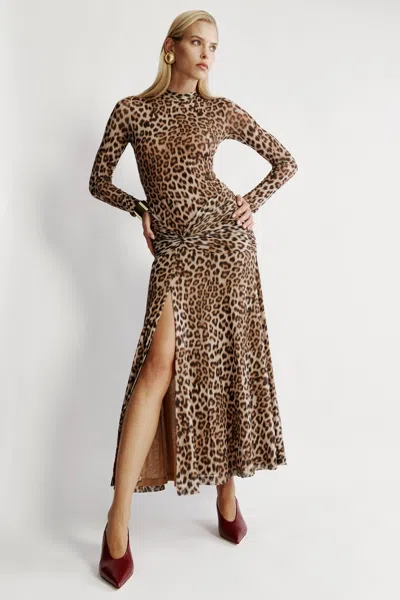 Bardot Lea Leopard Print Long Sleeve Mesh Midi Dress In B Leopard