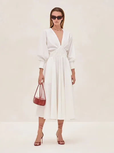 Alexis Viro Gathered Cotton-blend Midi Dress In White