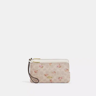 Coach Double Zip Wallet With Signature Canvas With Floral Print In Beige