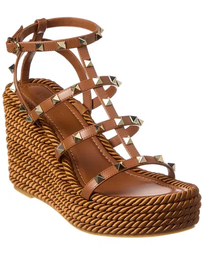 Valentino Rockstud Torchon 105 Leather Espadrille Wedge Sandals In Brown