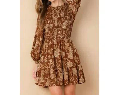 Flying Tomato Fall Vibes Printed Woven Mini Dress In Brown In Brown