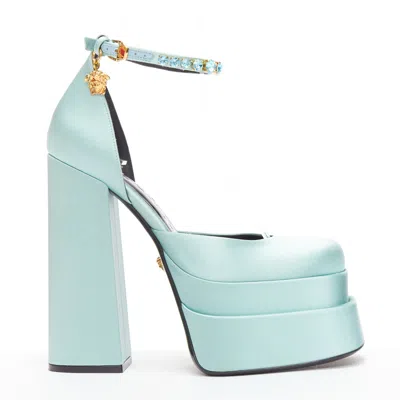 Versace Medusa Aevitas Sky Satin Medusa Charm Platform Heels In Blue