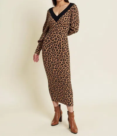 Hers & Mine Animal Print V Neck Midi Sweater Dress In Brown In Brown