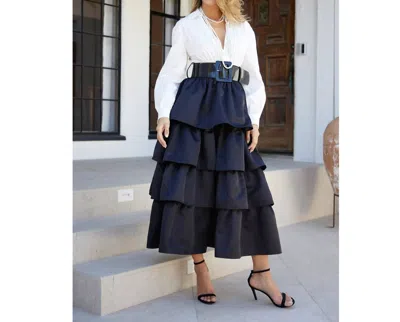 Eb Luxe Deep V Neck Tiered Midi Dress With Accent Belt In Black/white In Multi